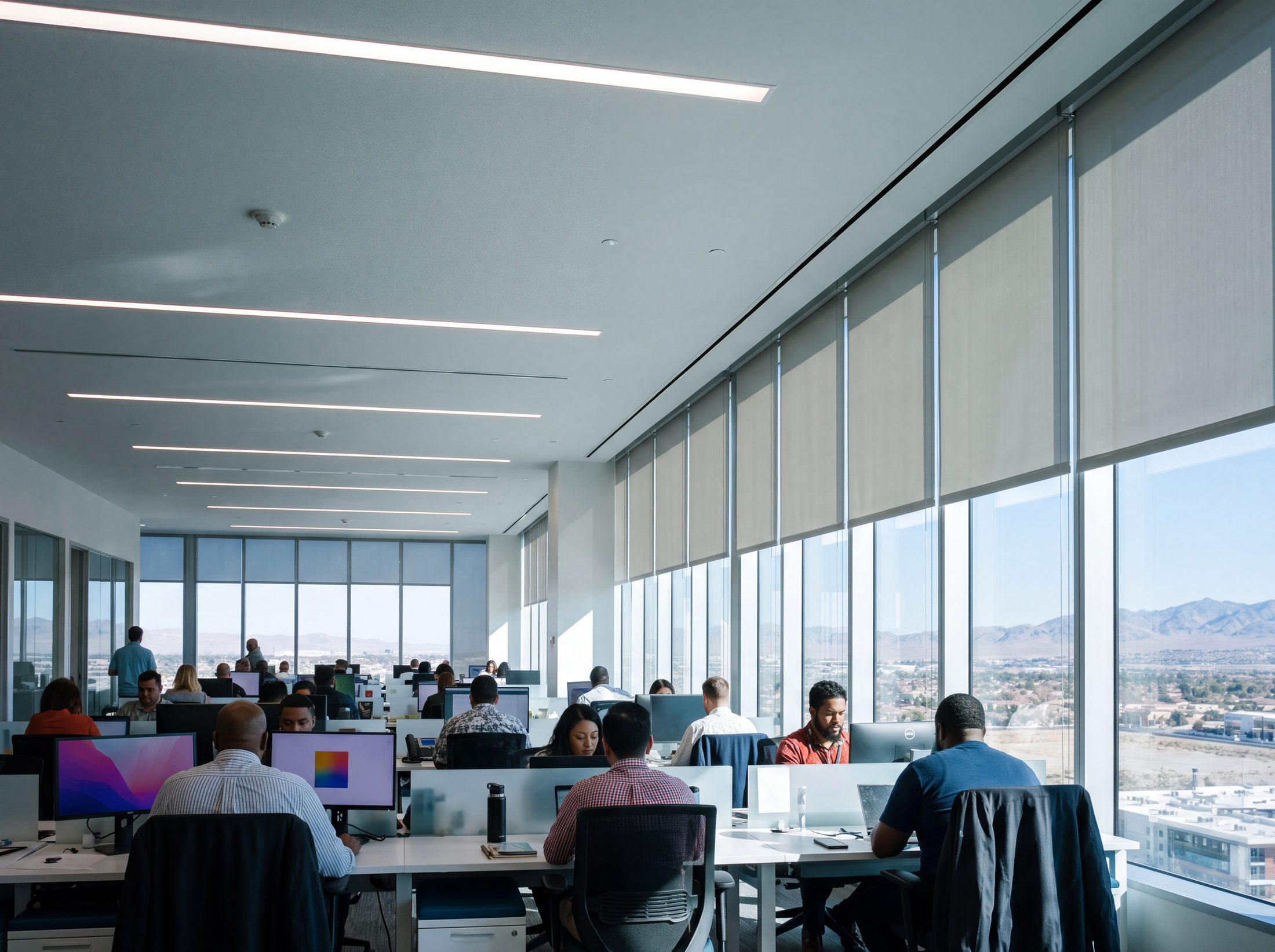 An open plan workplace under tunable white at mid morning, electric light matched to the daylight, interior shades at one height