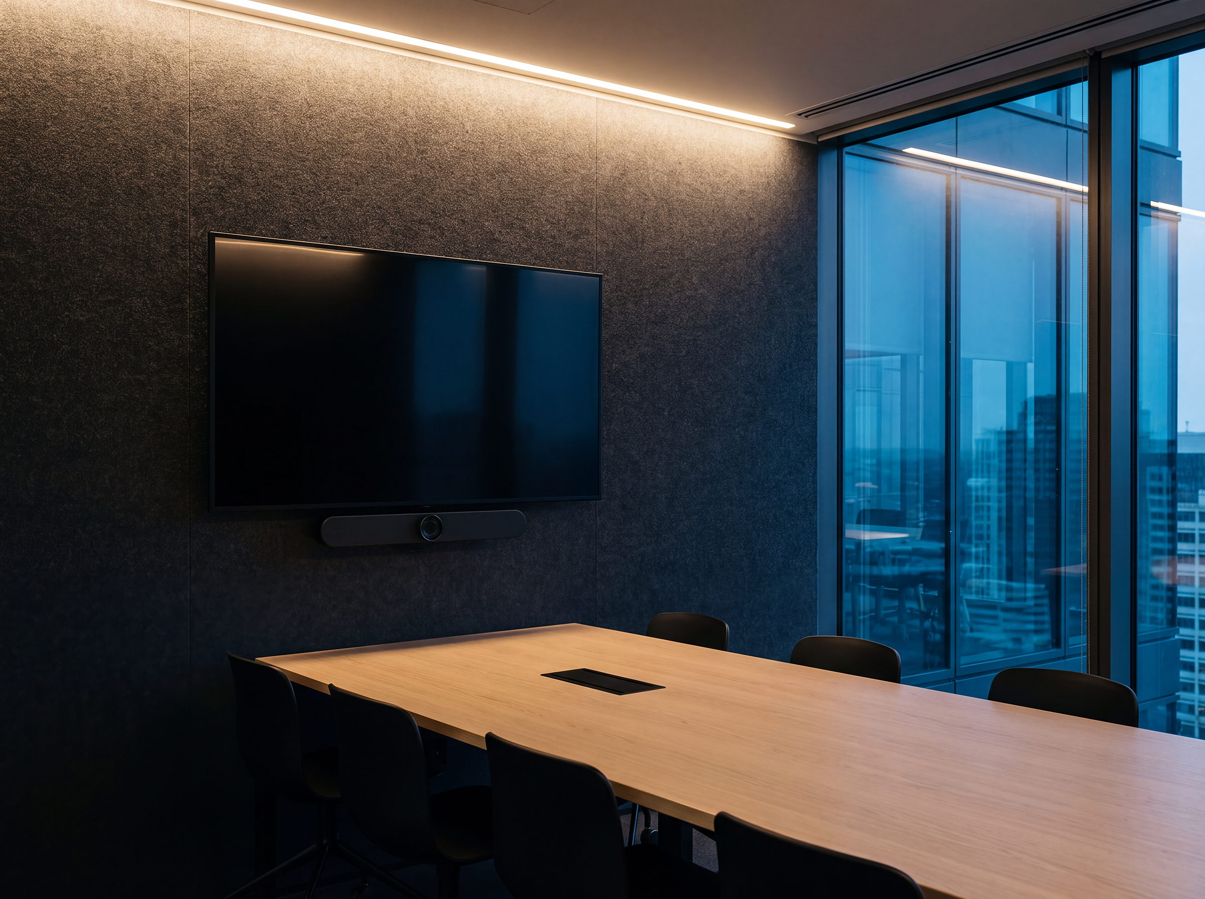 A hybrid meeting room at dusk, camera bar beneath the display, city glass beyond