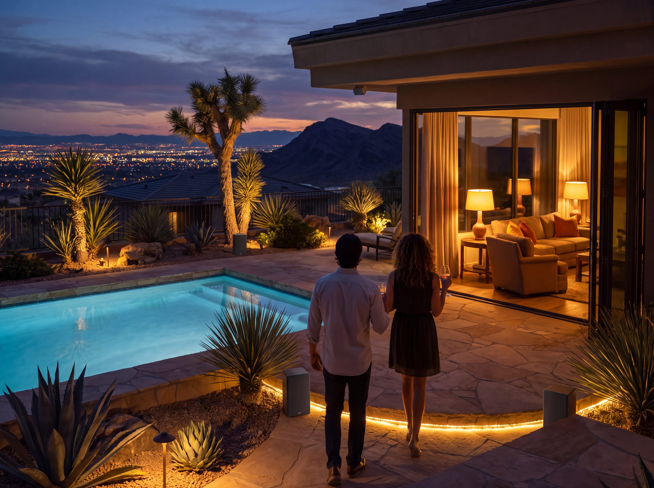 A desert terrace as the evening scene lands: landscape lighting up, pool lit, doors open to a warm interior