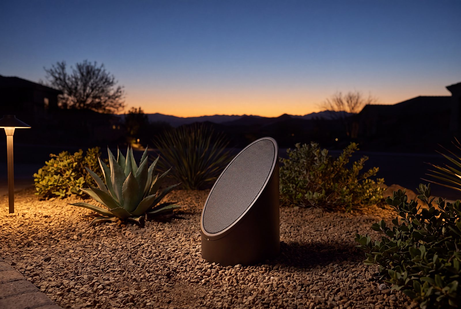 A bollard speaker among desert planting at dusk