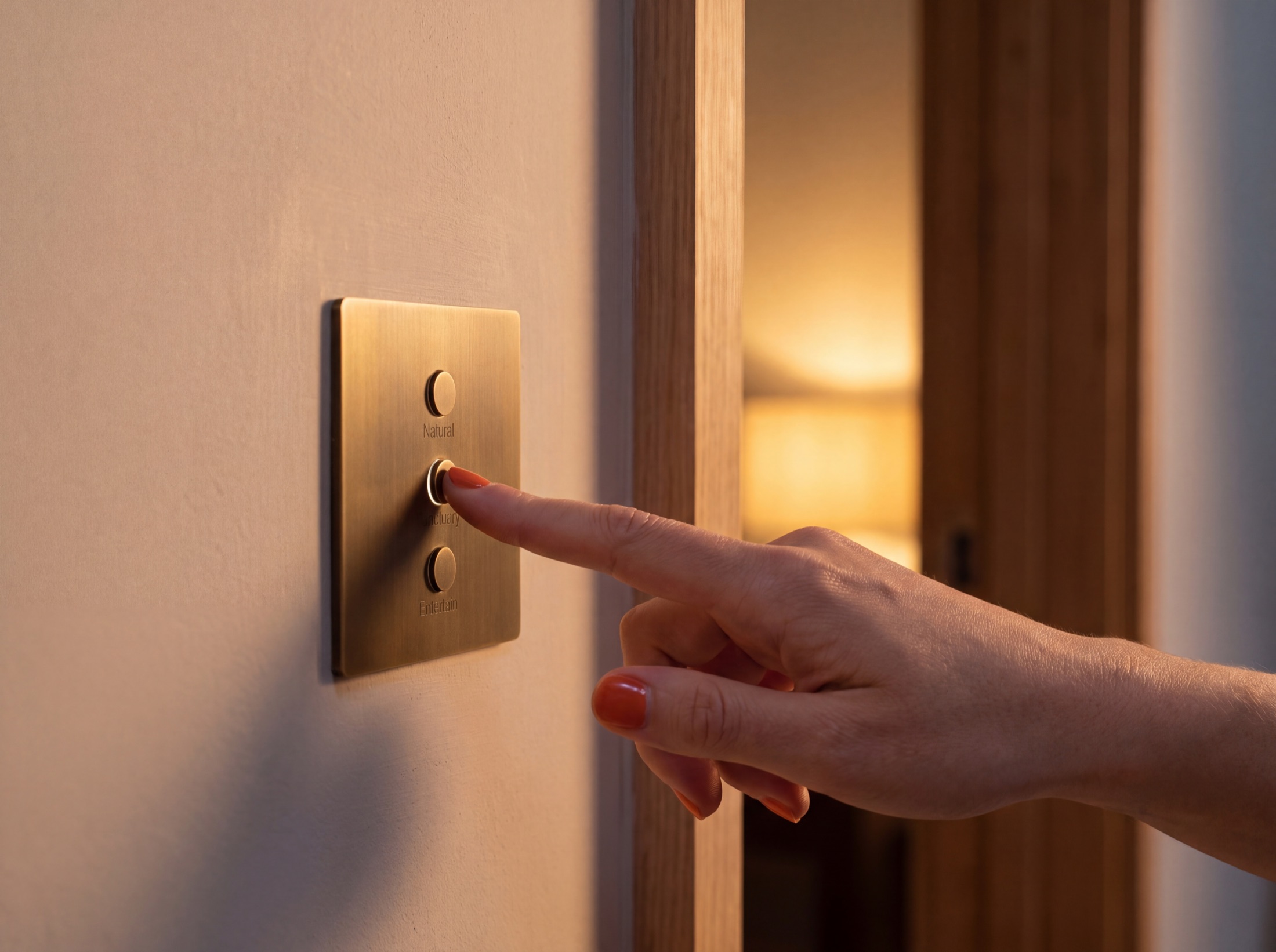 A hand at a flush engraved keypad beside the doorway at dusk, the room beyond already composed for the evening