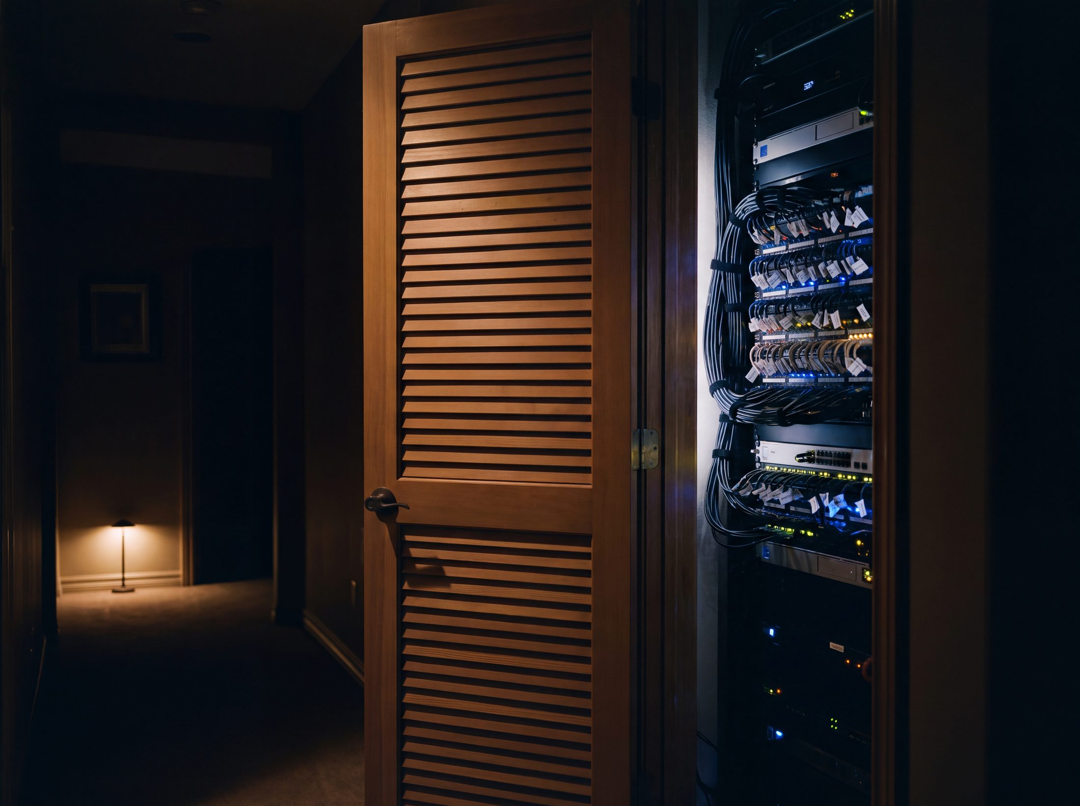 A residential rack in its ventilated closet late at night, dressed and labeled, status lights the only thing awake in a dark house