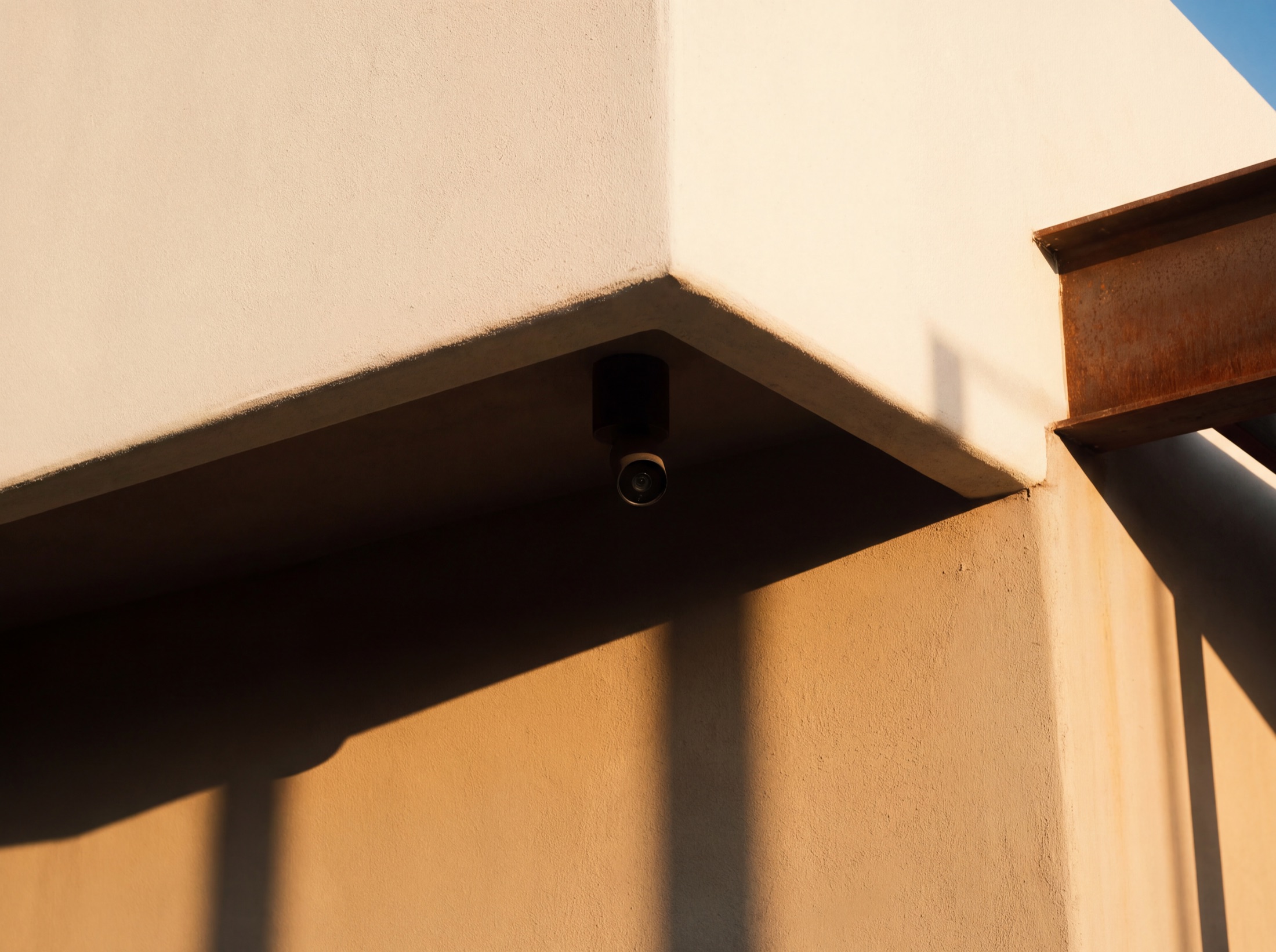 A small dark camera tucked into a shadow reveal under a smooth stucco soffit, invisible until pointed at