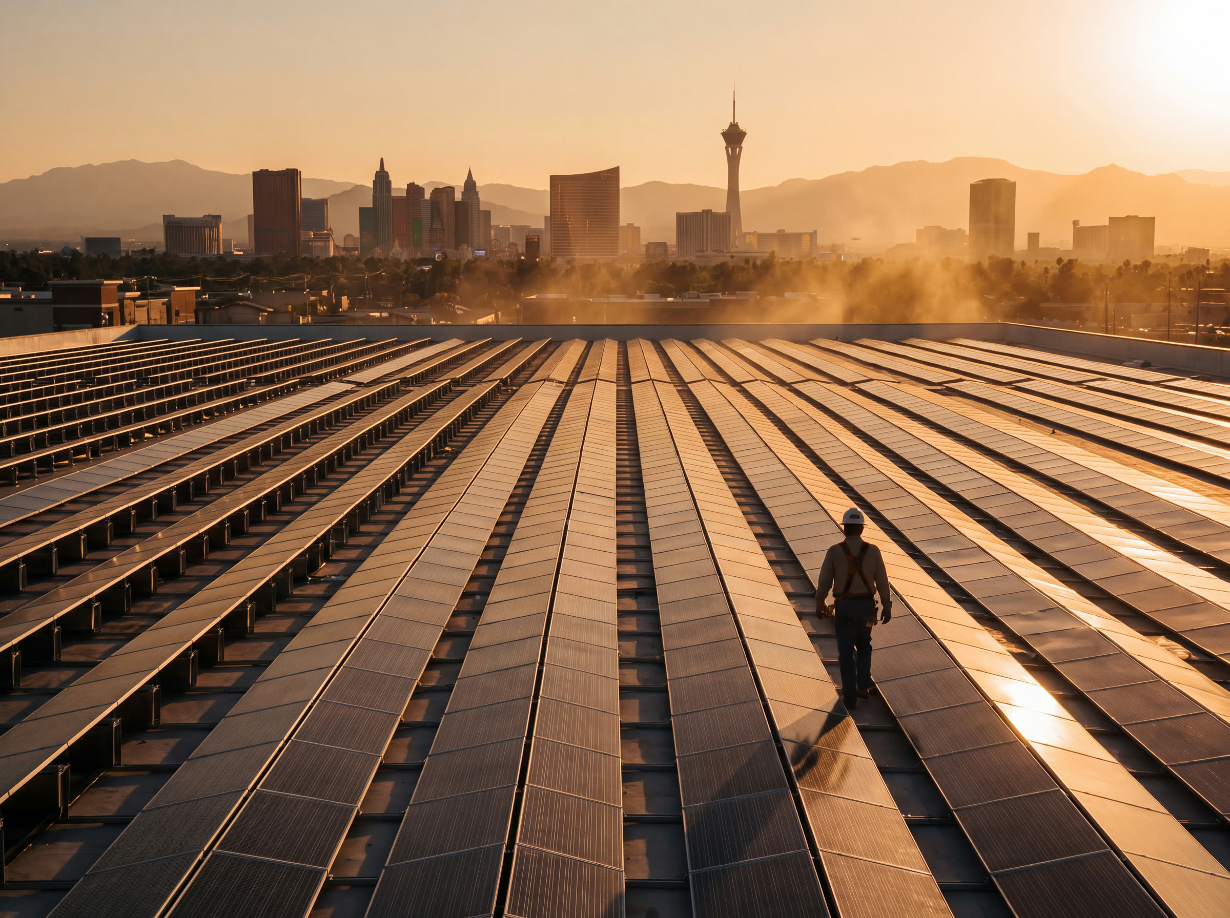 A rooftop array at golden hour, a technician walking the rows, the Las Vegas skyline beyond