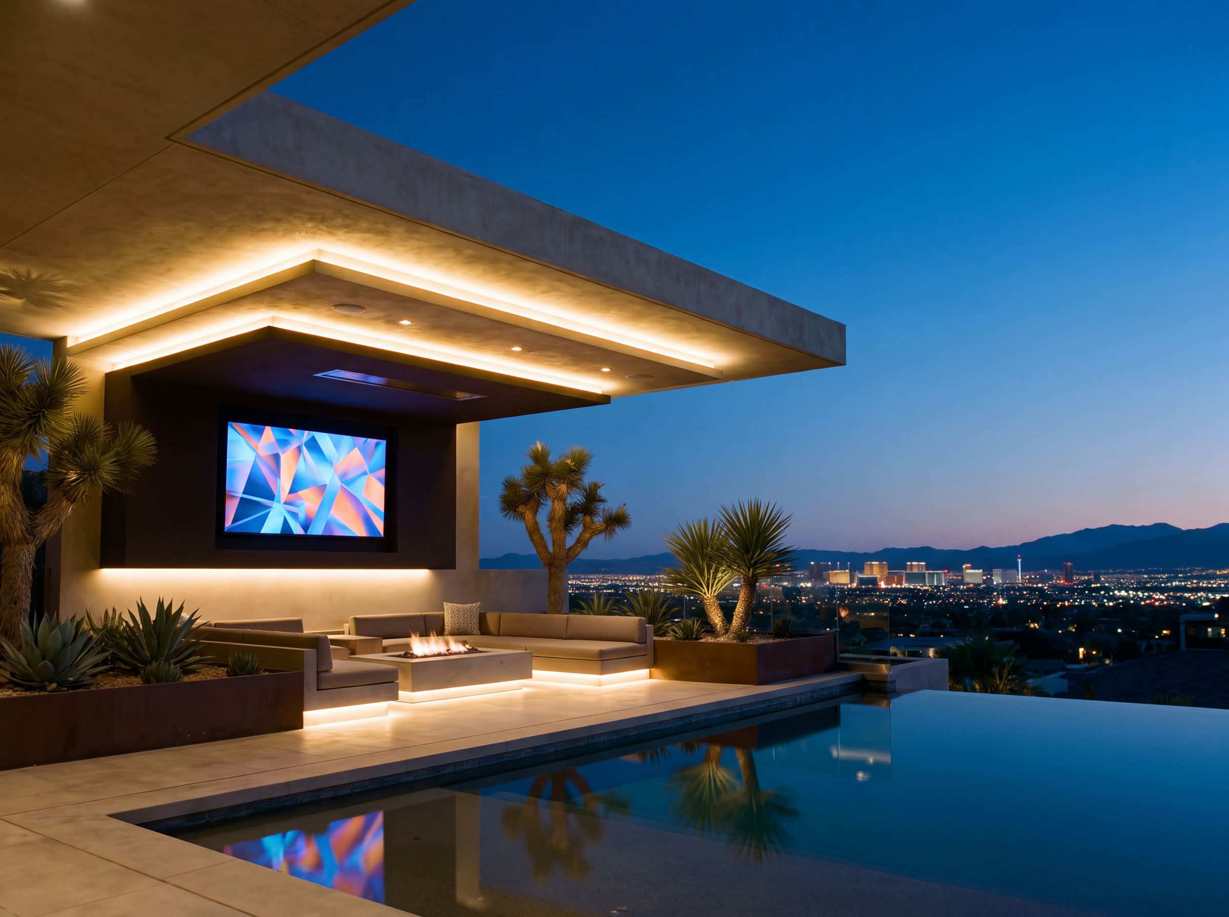 A covered outdoor lounge at dusk: outdoor display and fire lit, the pool holding the reflection, the Strip low in the distance