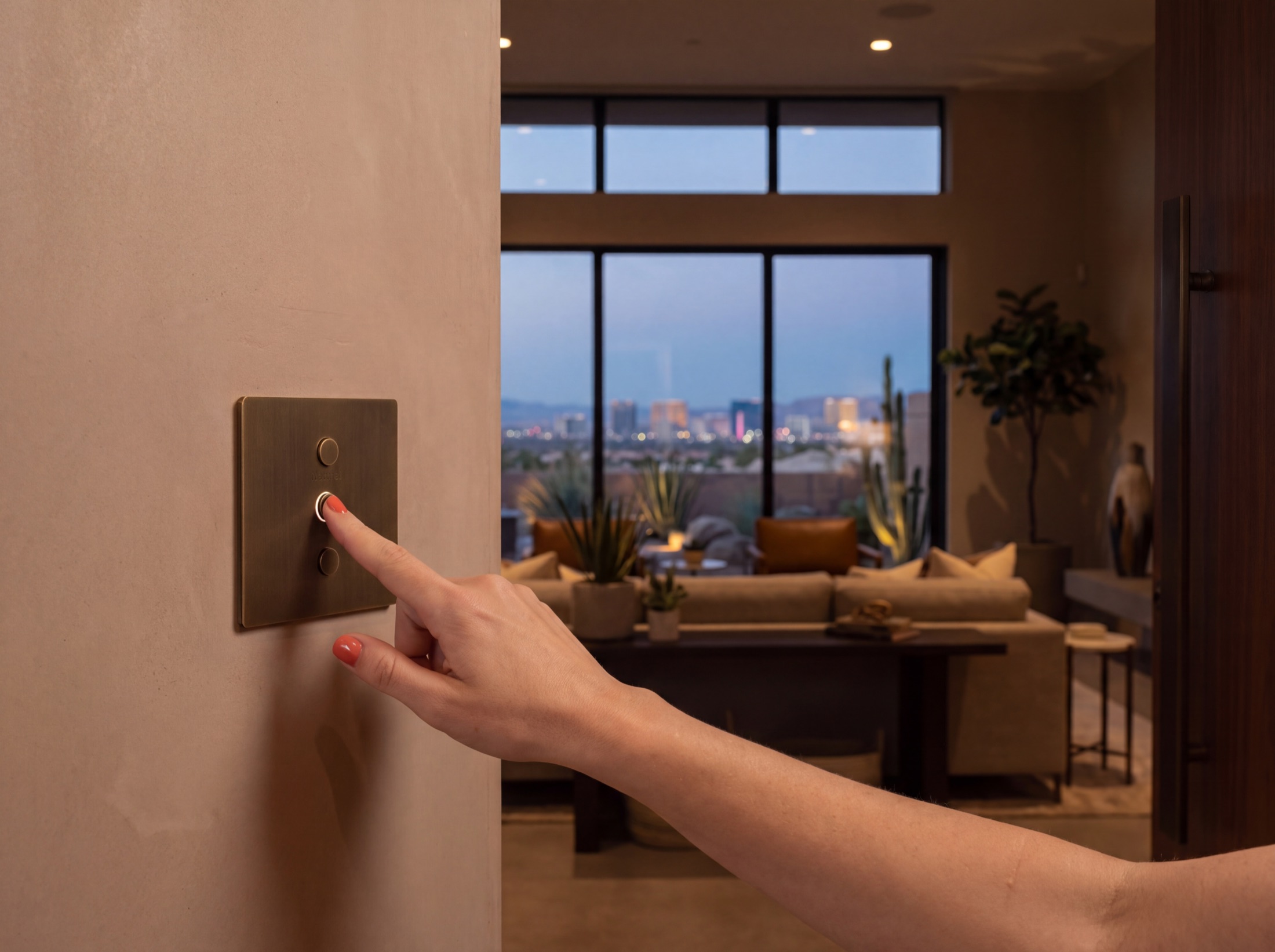 A hand at one flush wall point of control at the room entry, the evening scene answering in the room beyond