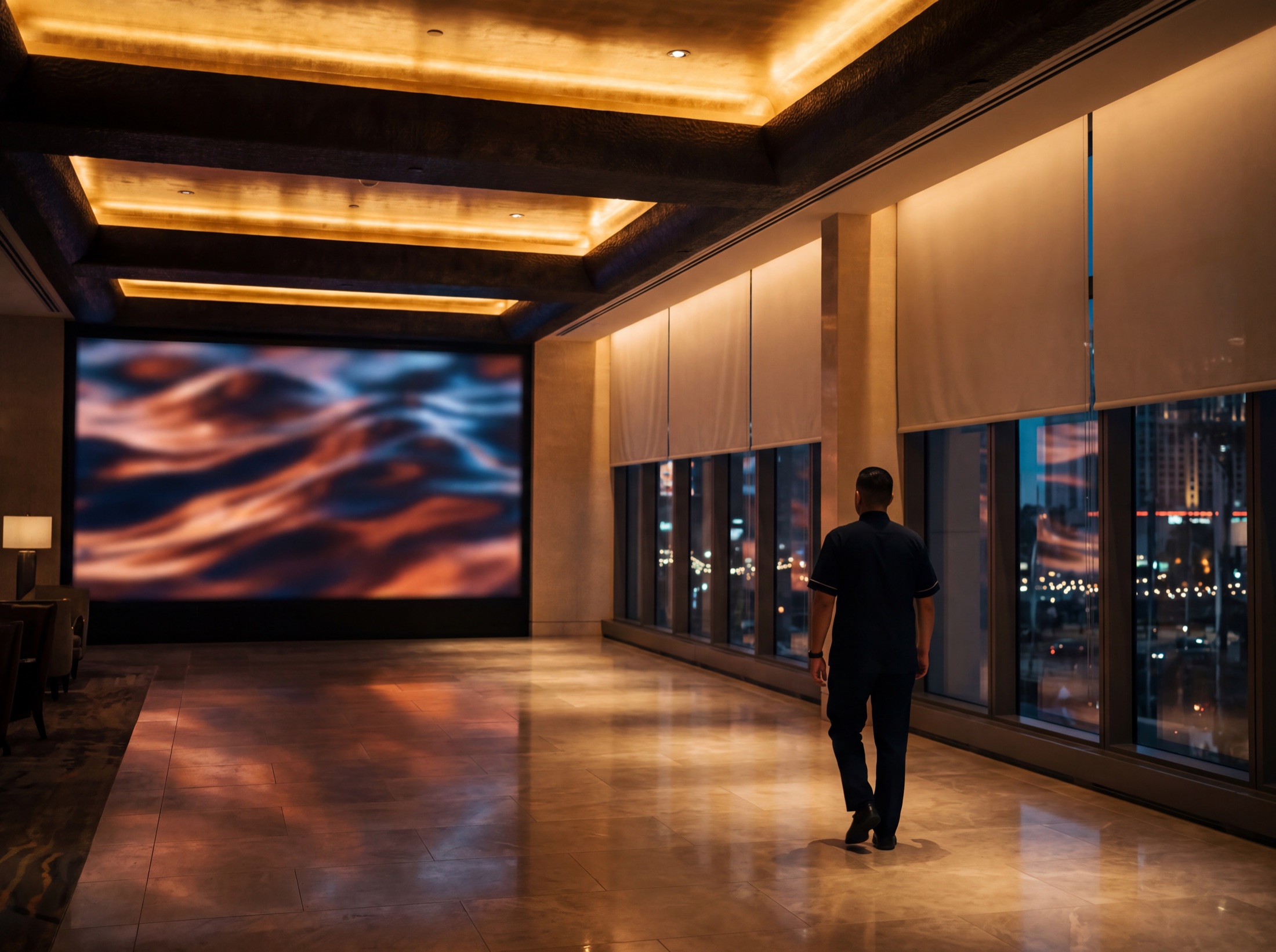 A hotel-grade lobby at dusk running its evening state: scene lit, shades settled, one staff member passing