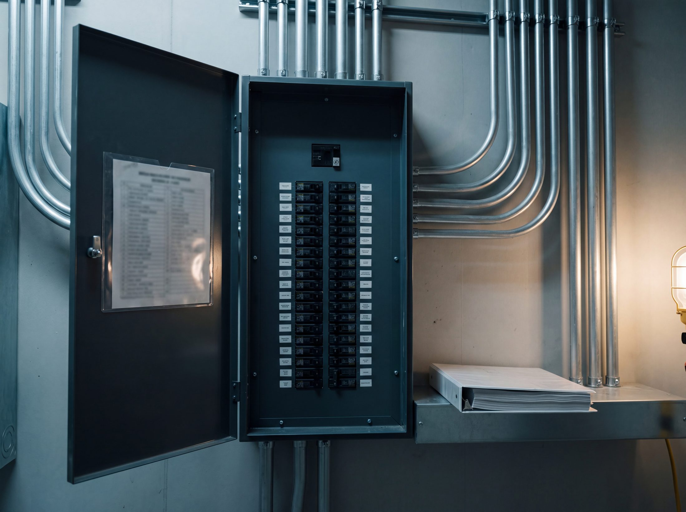 The face of a finished distribution panel, door open, breakers labeled and the panel schedule card in its holder