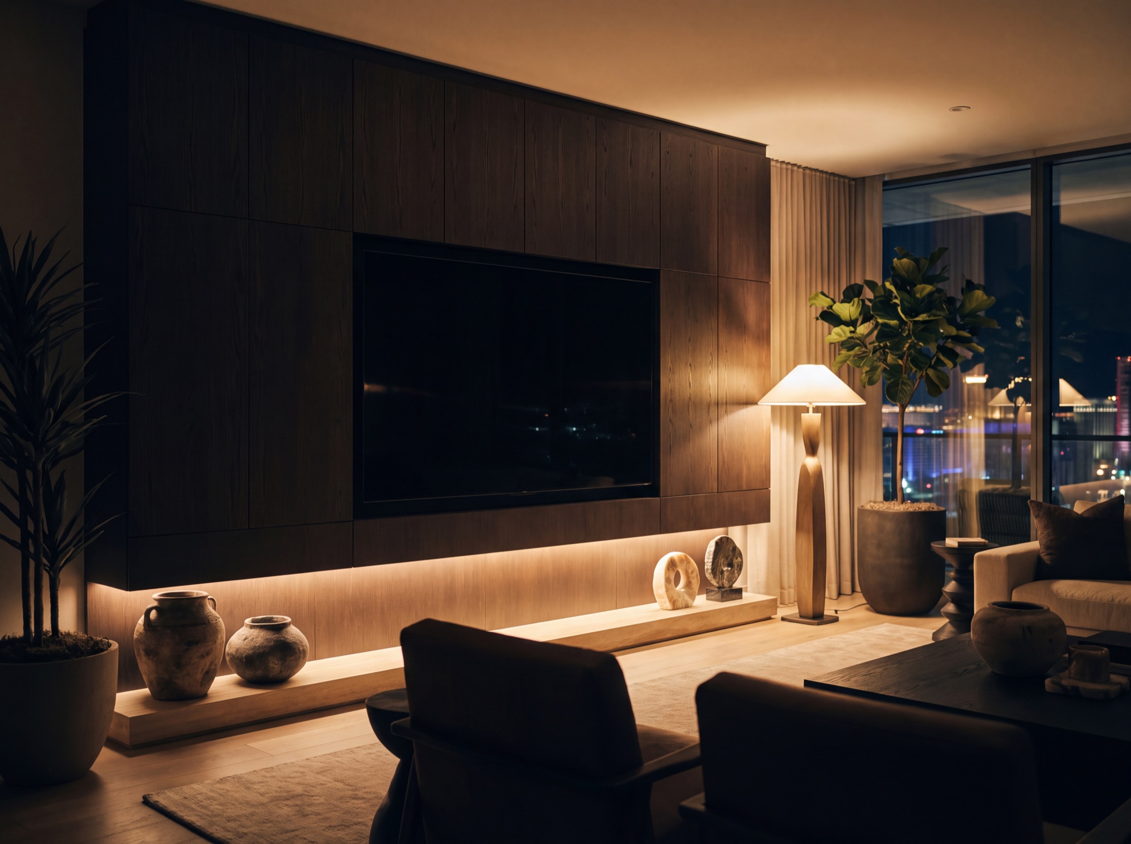 Living room at evening, a large screen recessed flush in dark millwork, reading as a quiet panel in the joinery