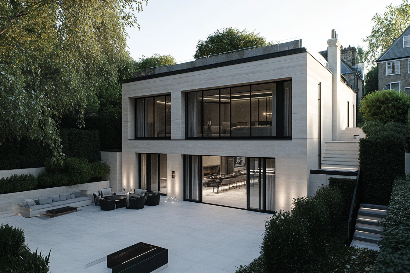 Contemporary stone house with full-height glazing and a terrace at dusk