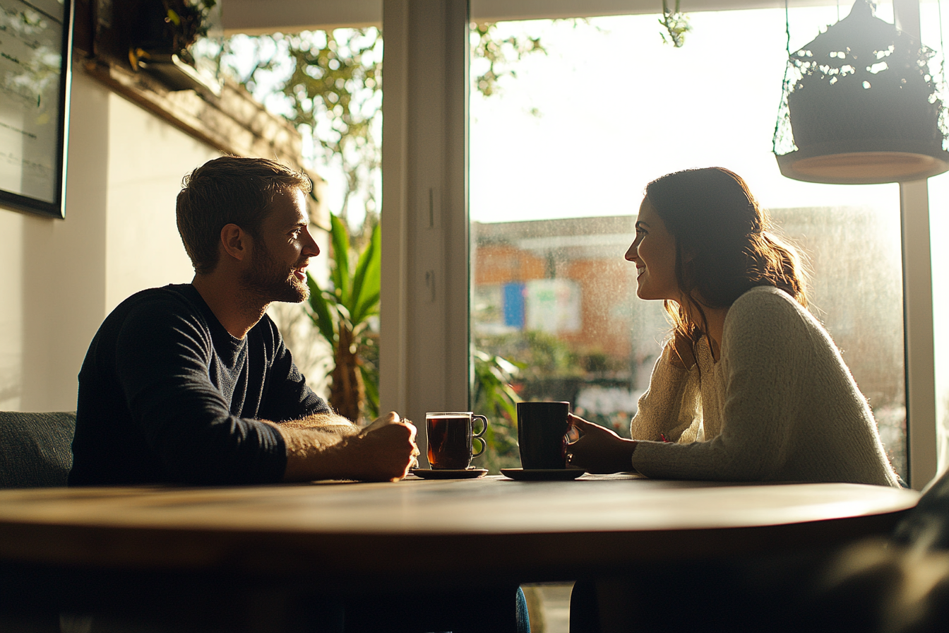 Two people in conversation over coffee at a sunlit table
