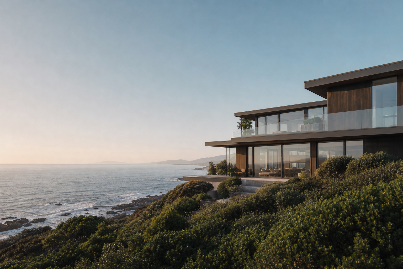 Luxury Control4 smart home overlooking the water in Newport Beach, California, glowing warm at dusk