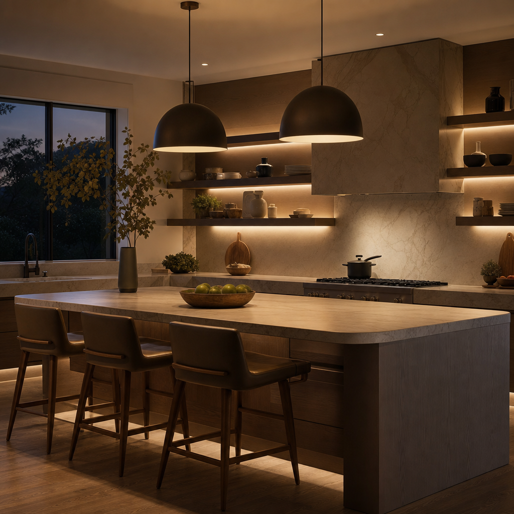 Layered smart lighting scene in a Newport Beach smart home