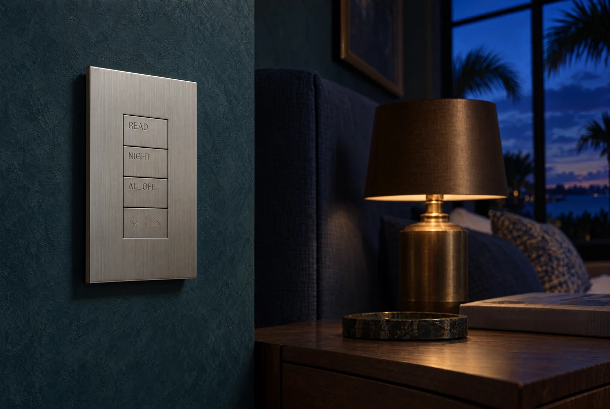 A Lutron Palladiom keypad in satin nickel beside a bed, engraved for reading and night, a lamp lit low