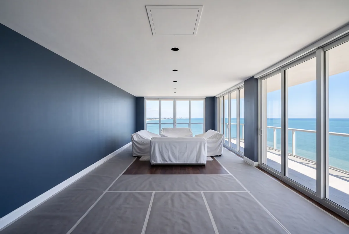 A Gulf front condominium living room during a lighting remodel, with furniture covered, the floor protected and a new row of recessed light openings in the ceiling