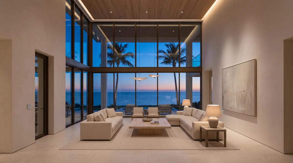 The same room at blue hour, shades raised for the view, cove light and a lamp on