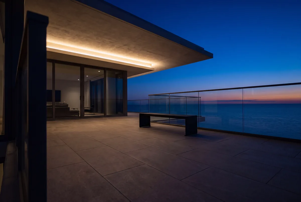 A high level terrace at dusk with a frameless glass balustrade and the open Gulf horizon beyond