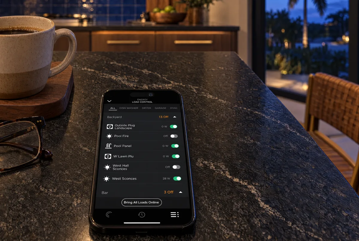 A phone on a black granite kitchen island showing the Savant app Load Control screen, with the draw of each backyard circuit and a switch to turn it on or off