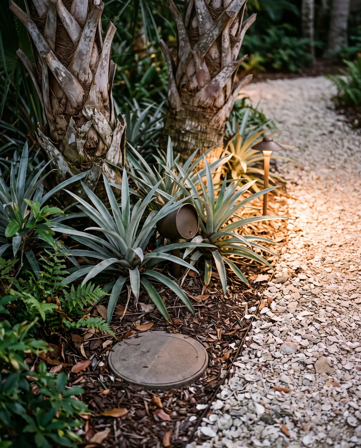 A bronze landscape speaker among bromeliads beside a shell path at dusk, a path light behind it