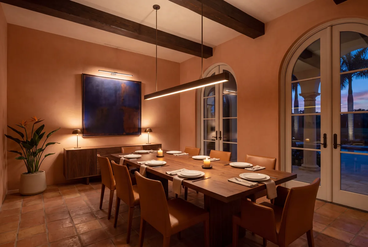 A terracotta dining room set for dinner, lit by a linear pendant over the walnut table, two table lamps, a picture light and candles