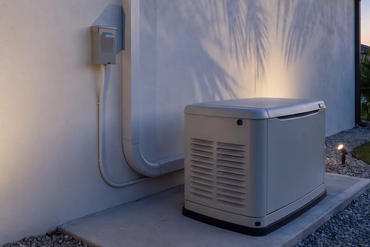 A standby generator on its pad beside the house at dusk, the transfer switch in a gray box on the wall above the conduit that runs down to it