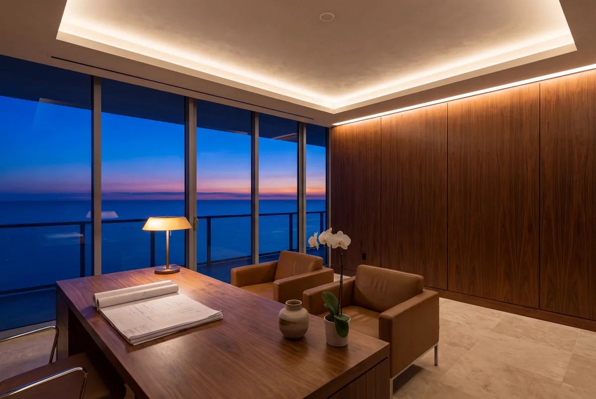 Executive office on the Gulf, cove light and a desk lamp at dusk.