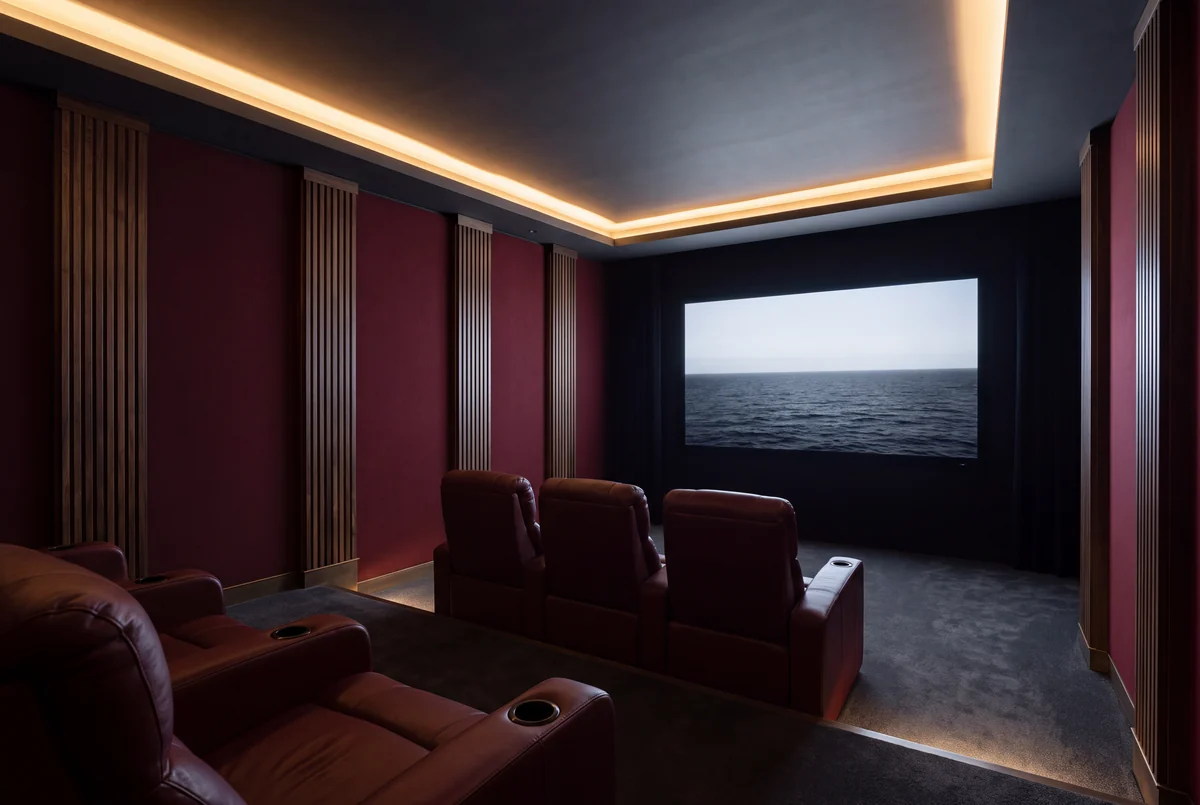 A home cinema in oxblood and walnut with bronze detail, tiered seats facing the screen