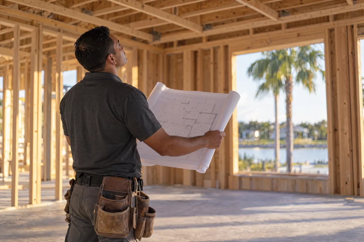 An electrician reading the lighting plan inside a framed house at rough-in, late sun and palms through the openings