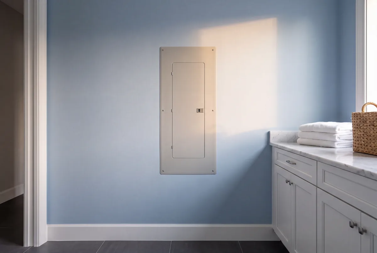 Trim-out: the load center flush in a laundry room wall, its door closed.