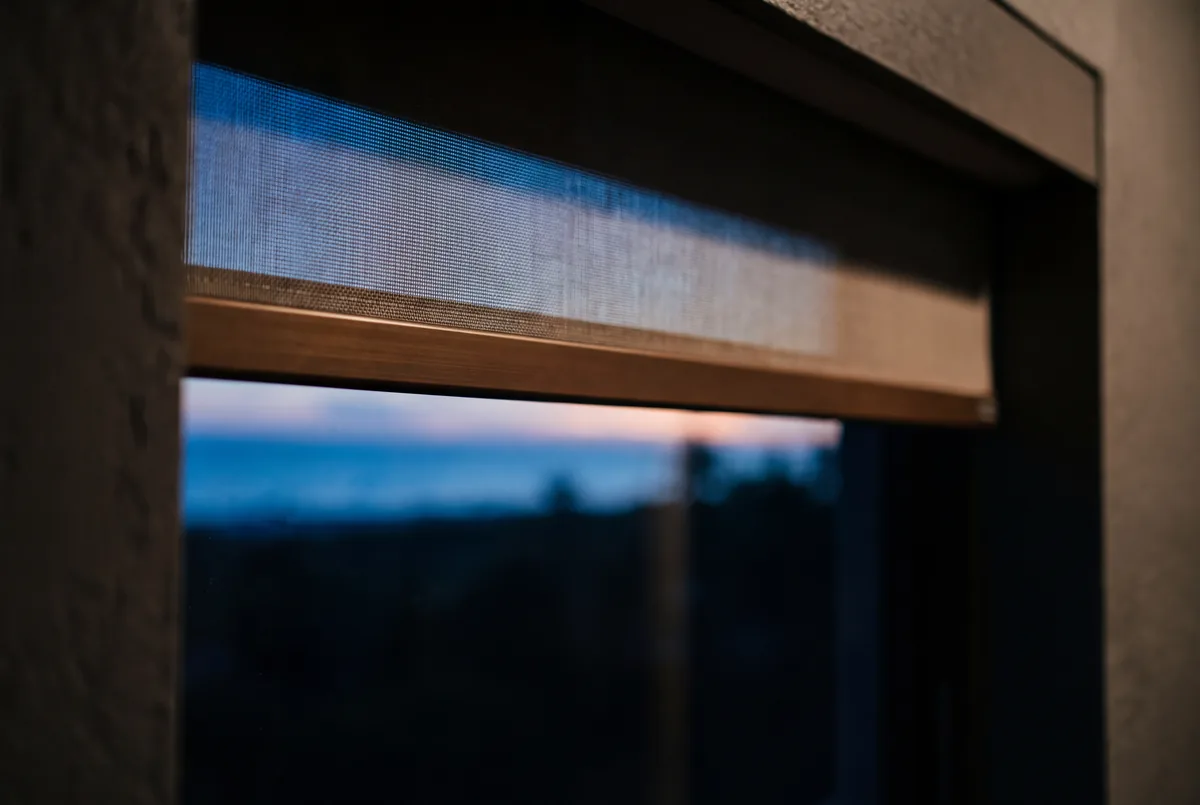 The level hem bar of a roller shade close up, the fabric disappearing into a recessed ceiling pocket, the Gulf soft behind it