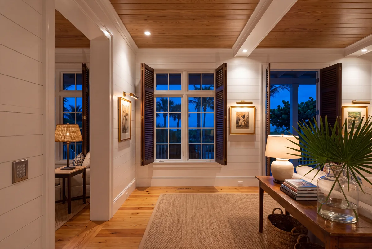 West Indies style hall, lamps, picture lights and recessed light at dusk.