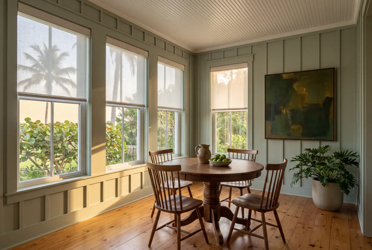 A sage green breakfast room at sunrise with three sheer roller shades stopped at the same height above a round walnut table