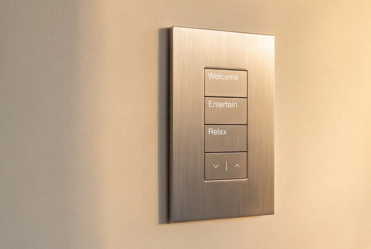 A Lutron Palladiom keypad in satin nickel on a plaster wall, engraved Welcome, Entertain and Relax above a raise and lower button