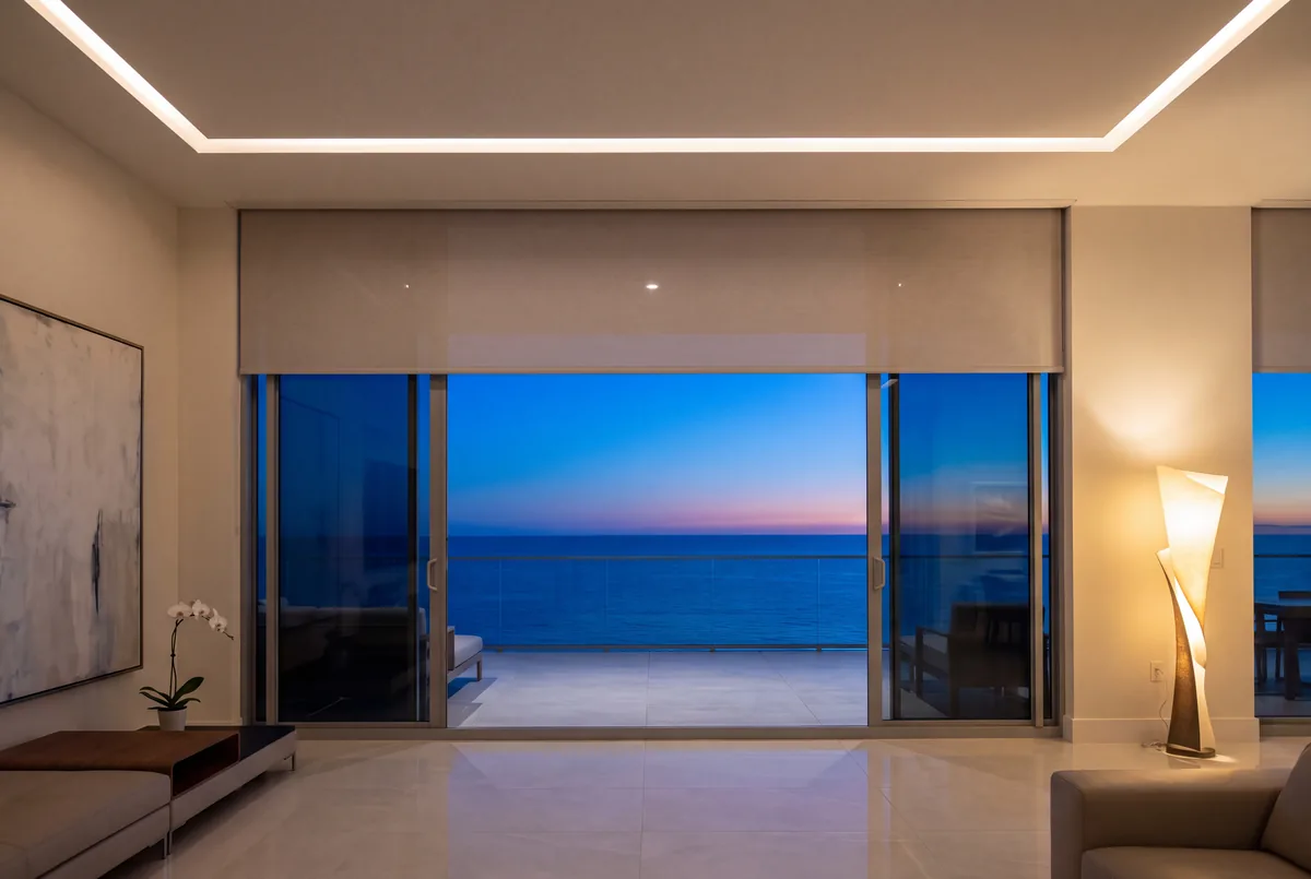Gulf front living room, the roller shade pocketed above the glass.