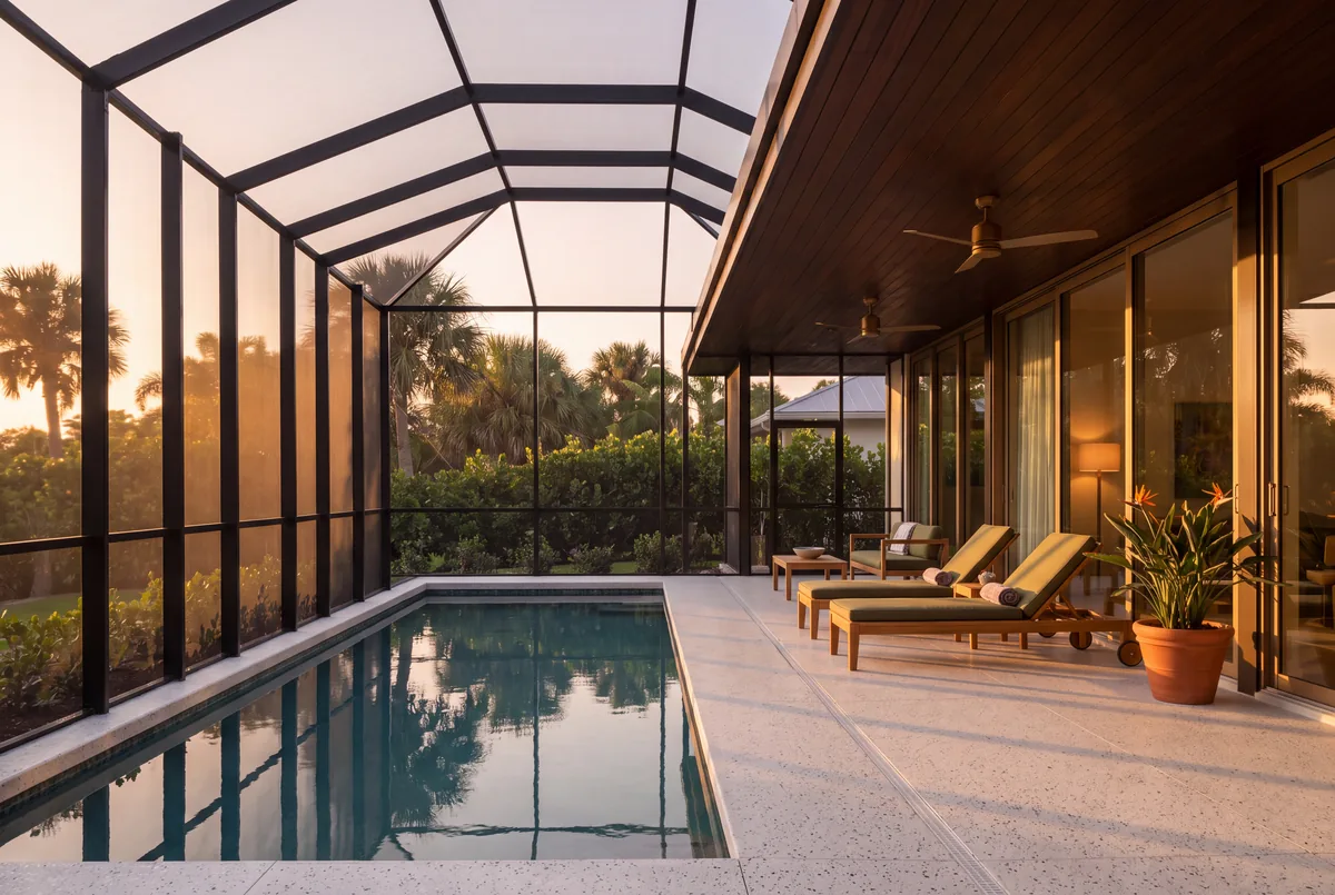 A screened pool enclosure in late afternoon sun, with teak loungers on a terrazzo deck under a cypress ceiling with two ceiling fans