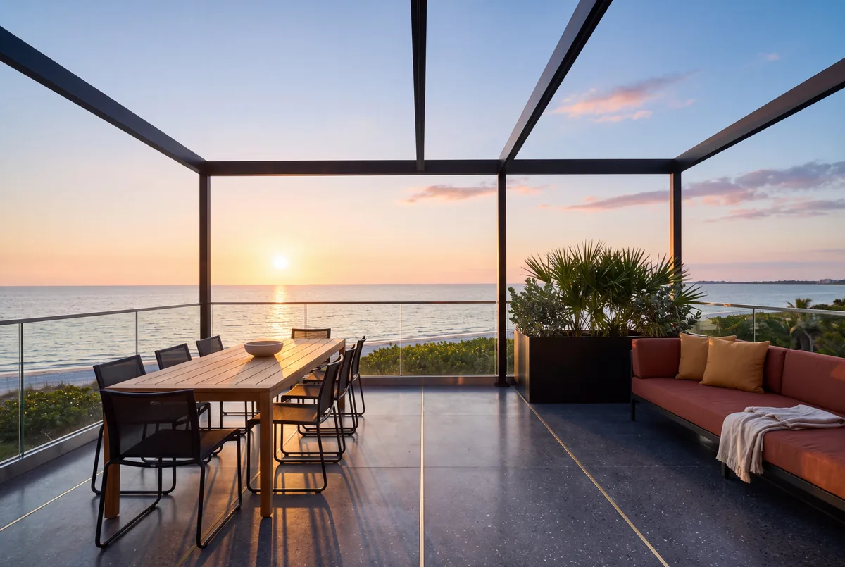 A rooftop terrace on the Gulf at sunset, with a teak dining table, a rust colored outdoor sofa and a black steel pergola over a terrazzo floor