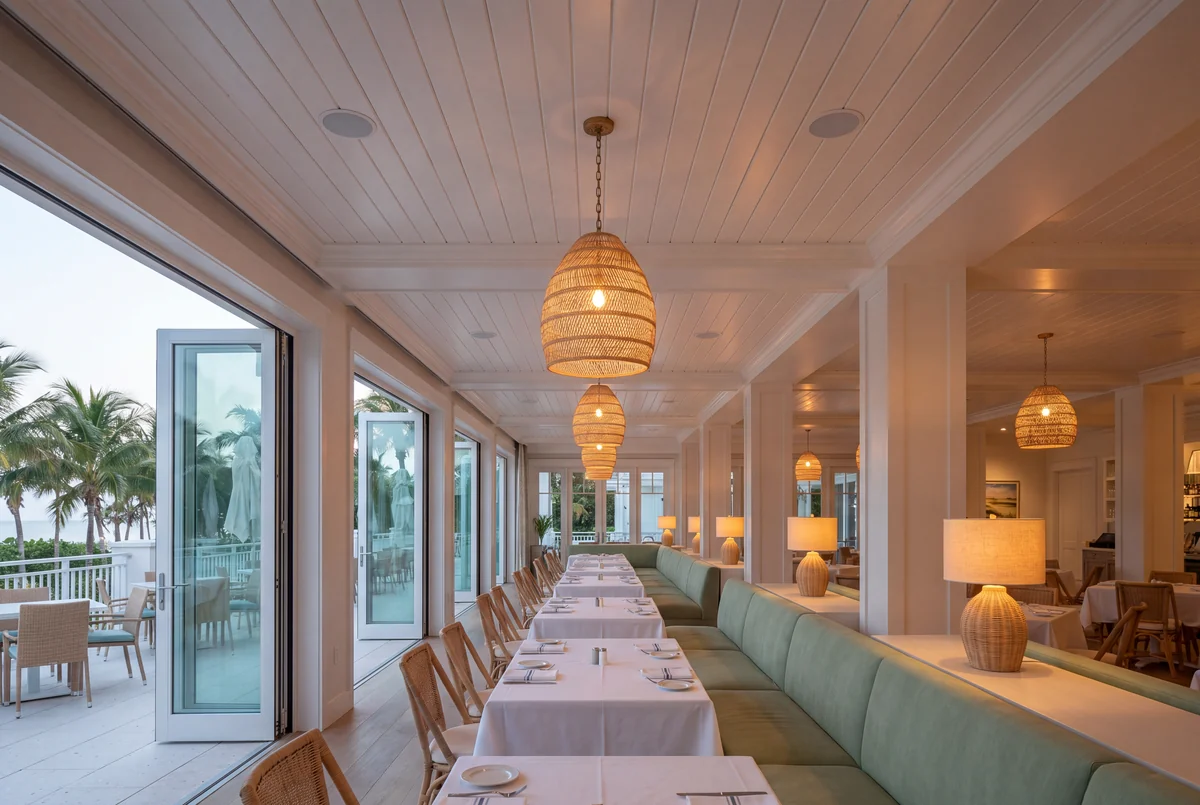 Club dining room in the afternoon, pendants held low against the daylight.