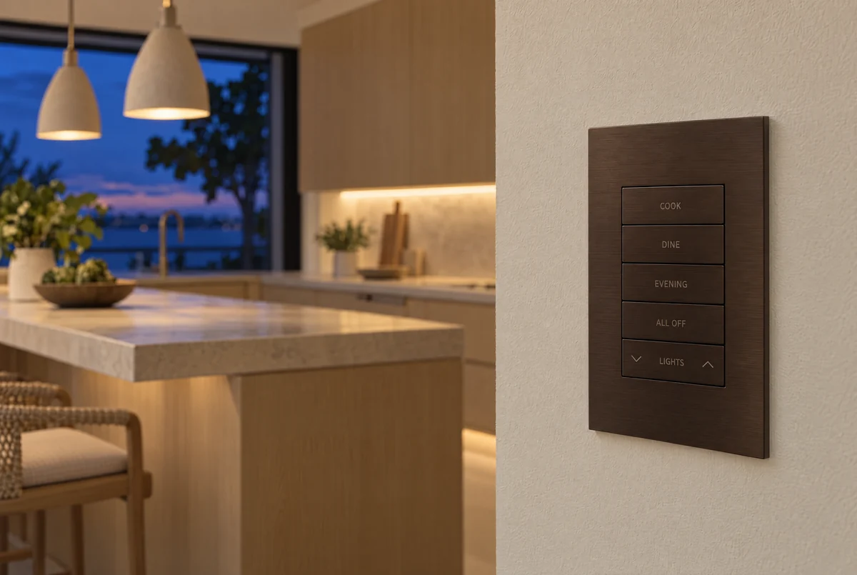 A Crestron Horizon keypad in dark bronze engraved for the kitchen, set on a wall beside a lit island