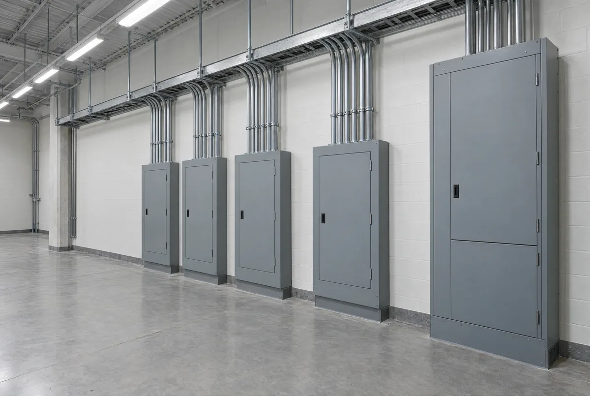 A commercial electrical room with a row of gray panelboards and a switchboard, rigid conduit rising in parallel runs to a cable tray