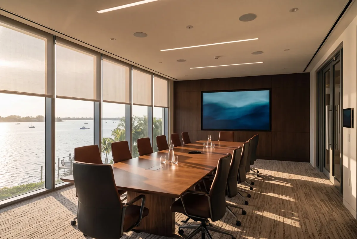 An office boardroom on the bay, shades part way down, round speakers set into the ceiling and a display on the end wall