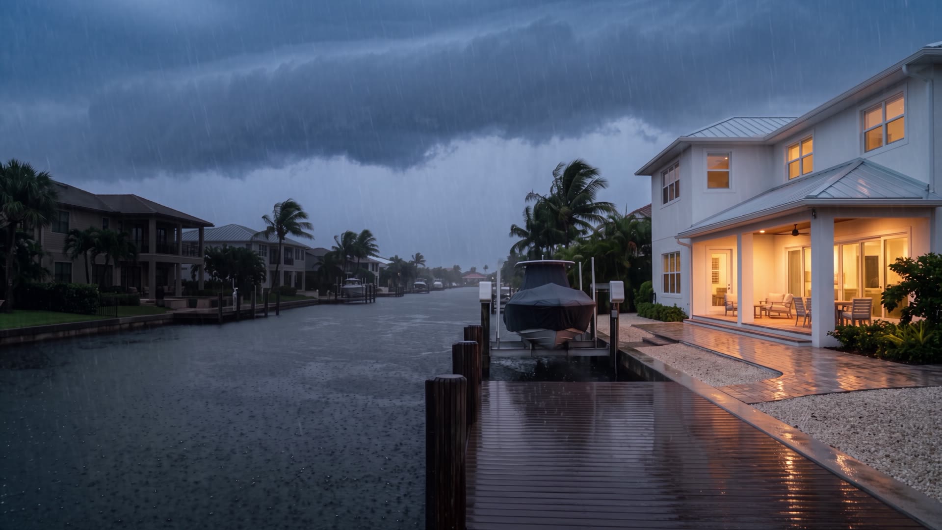 A summer storm at dusk: the street goes dark and one house stays lit on backup power.