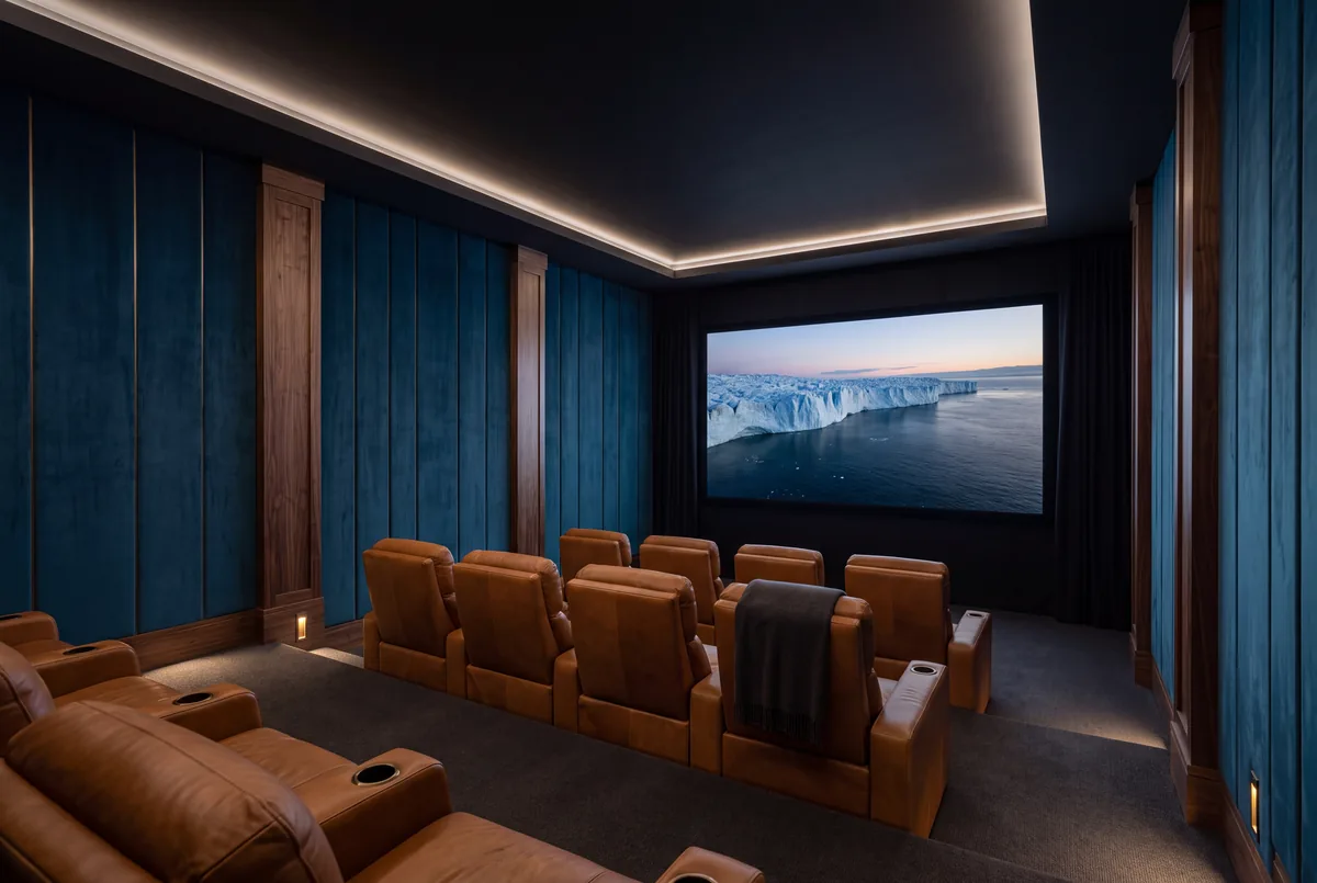 A home cinema with petrol blue fabric walls, walnut pilasters and cognac leather seats facing a wide screen, lit by a low perimeter cove and step lights