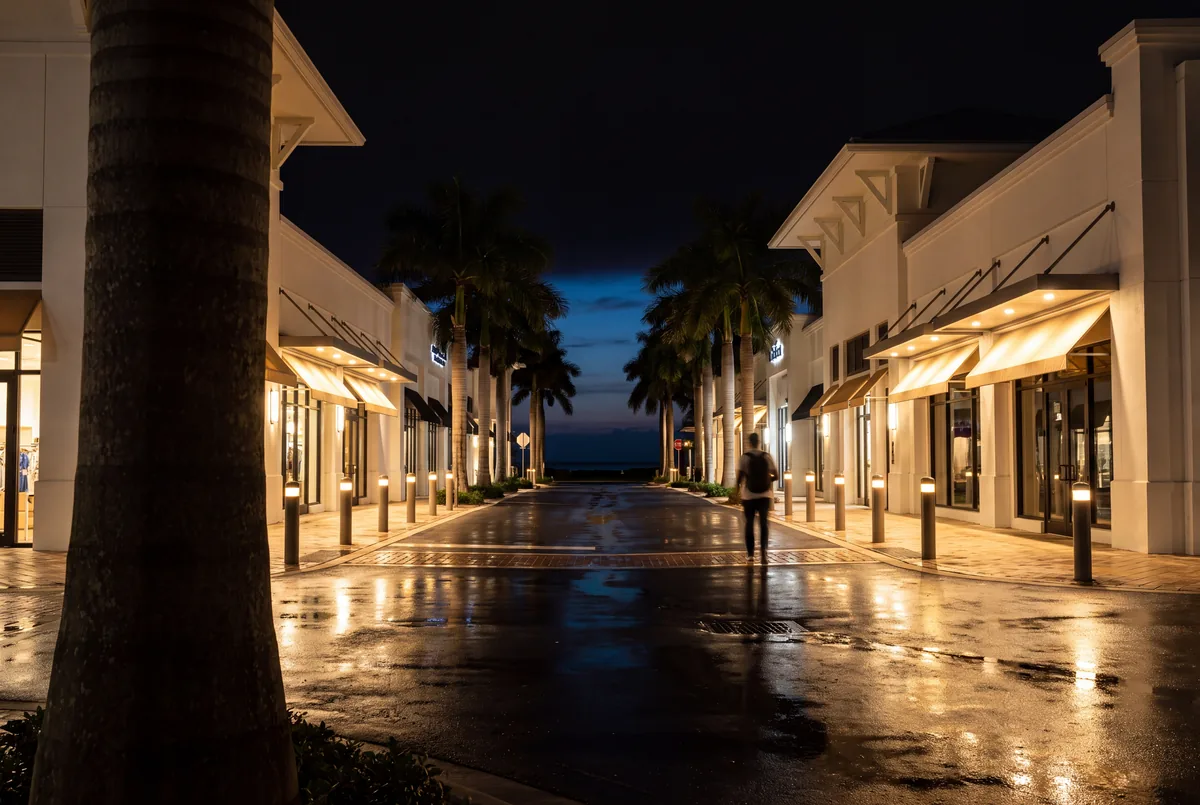 A modern street at night with wet paving reflecting warm light from storefronts, palms and the Gulf at the far end