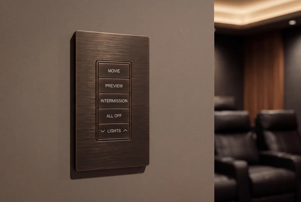 A Crestron Horizon keypad in dark bronze outside a home theater, engraved MOVIE, PREVIEW, INTERMISSION, ALL OFF and LIGHTS
