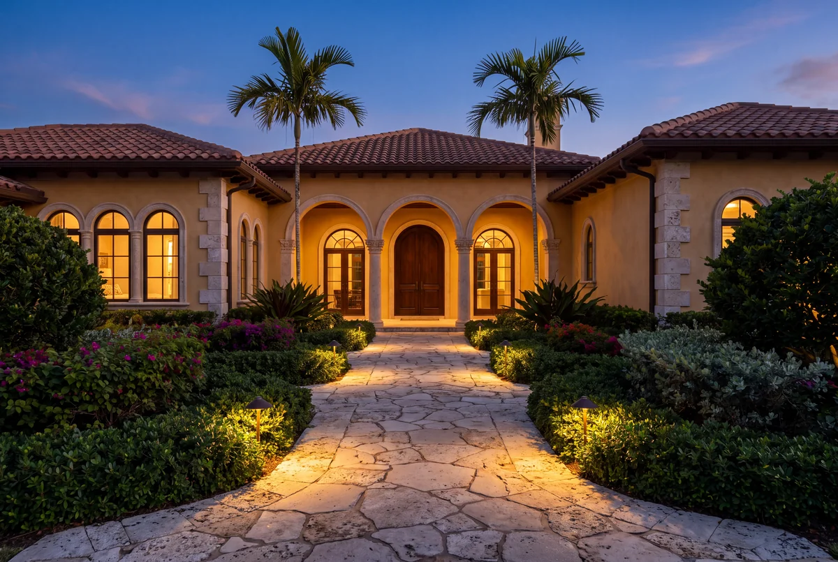 A Mediterranean style house at dusk, a stone path lit low between planted beds up to an arched loggia