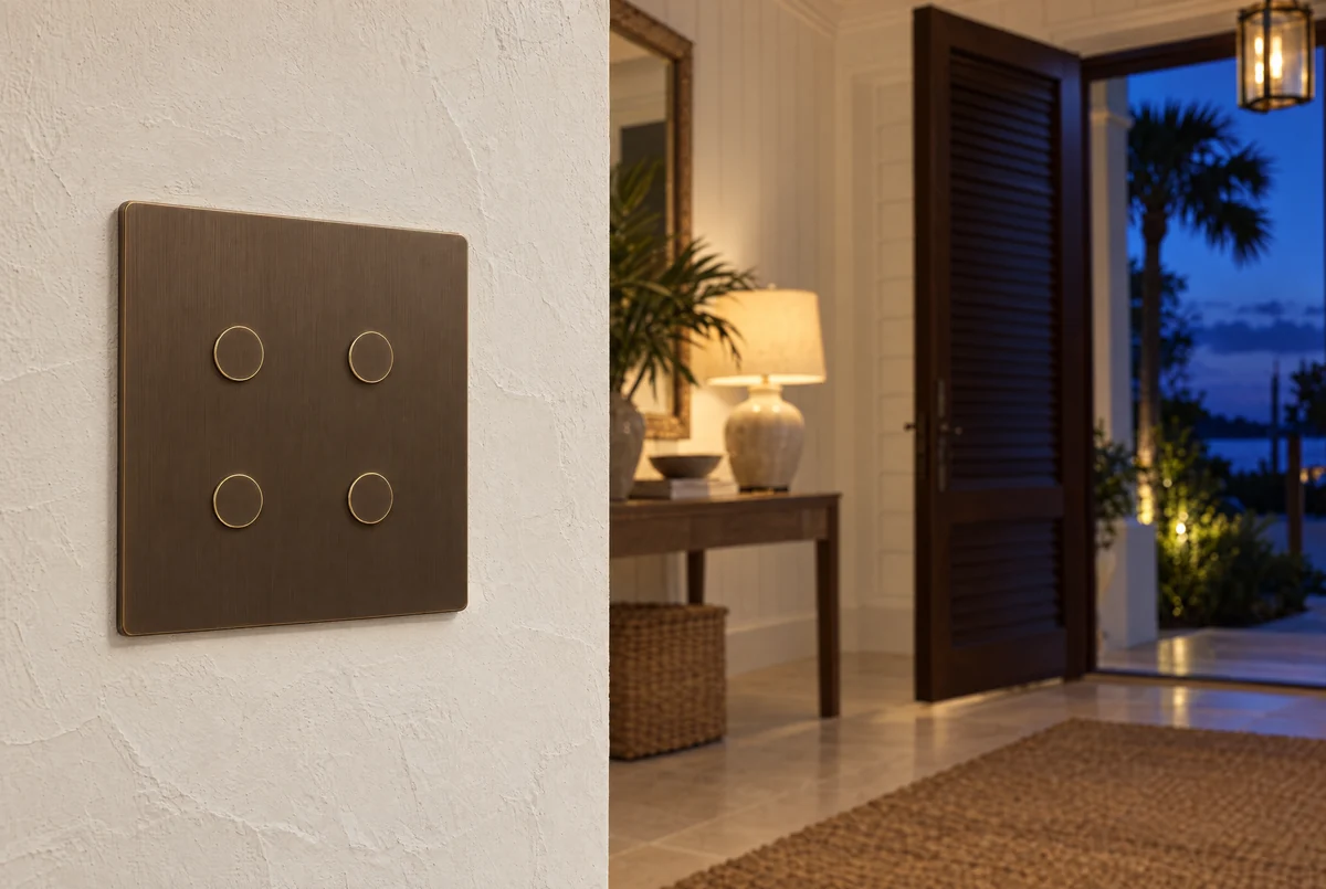 A Lutron Alisse keypad in aged bronze, four round buttons, set on a plaster wall beside an open door at dusk