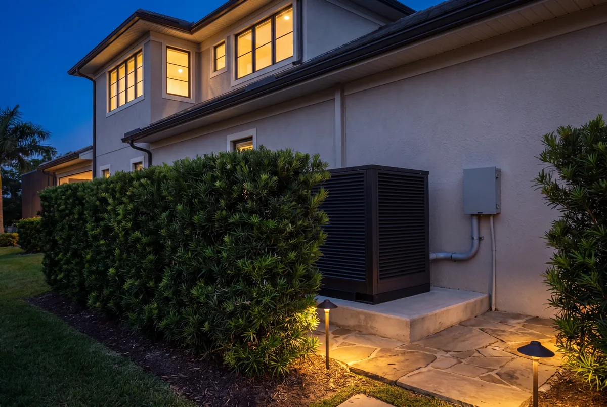 A standby generator on a pad beside a house at dusk, screened by planting, its disconnect mounted on the wall