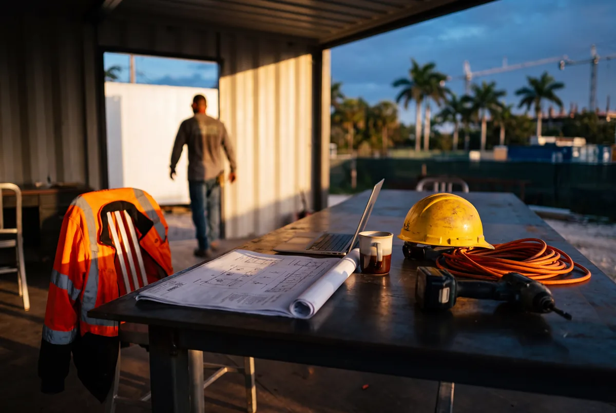 A site office at a new build, the plans, a hard hat and a drill on the table, one of the team walking out to the site