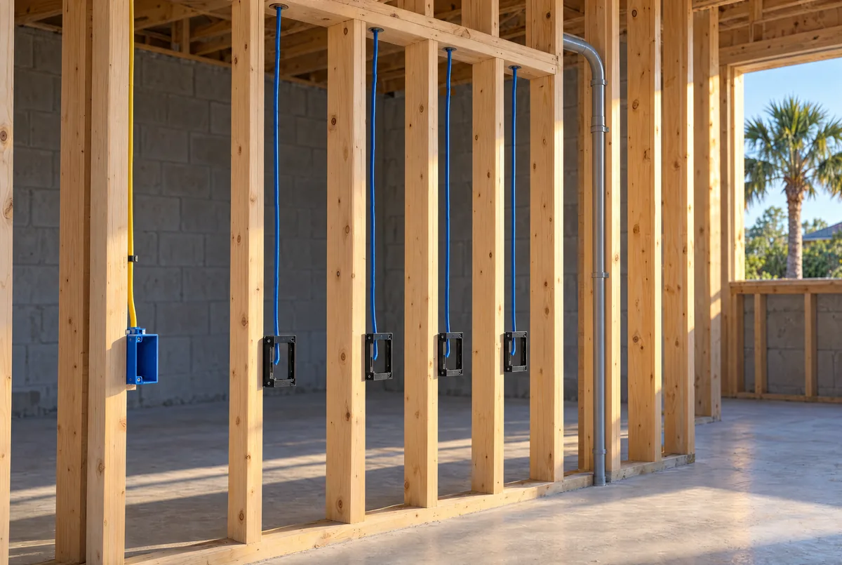 A framed interior wall at rough-in with four blue low voltage cables dropping from the top plate to black mounting brackets set at one height, a blue device box and a gray conduit sweep