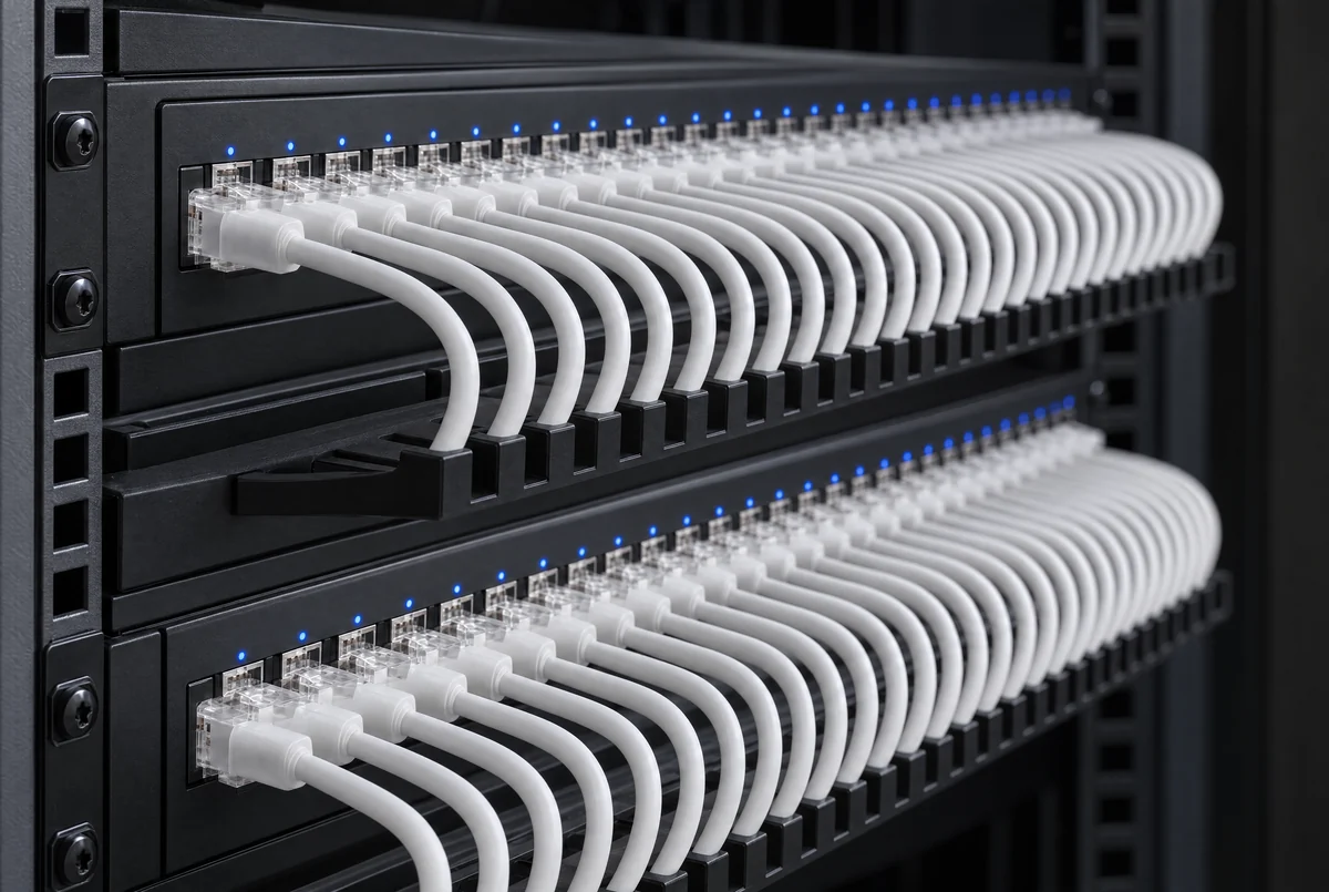 A close view of a network rack, patch cables dressed in even loops into two rows of ports